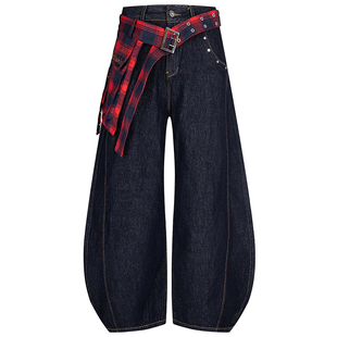 悟空有货美式高街格子裙摆弯刀牛仔裤男复古宽松潮流阔腿百搭长裤