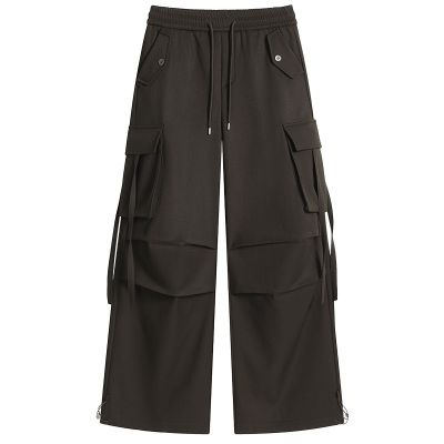 工装阔腿裤女秋冬款松紧腰直筒裤