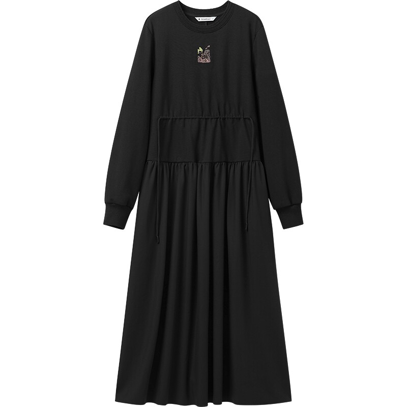 【播奥莱】播冬季黑色刺绣连衣裙女收腰显瘦圆领长裙DDR4LD5102