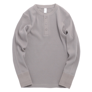 美式复古重磅亨利长袖华夫格T恤纯棉雾霾灰男士修身舒适打底衫春