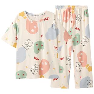 芬腾服饰春夏季睡衣女纯棉短袖薄款夏九分裤妈妈款大码家居服套装