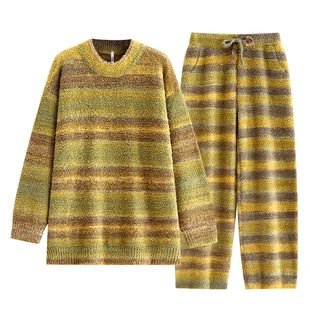 悦内半边绒睡衣女士秋冬季冬款珊瑚绒保暖毛绒家居服圆领套头条纹