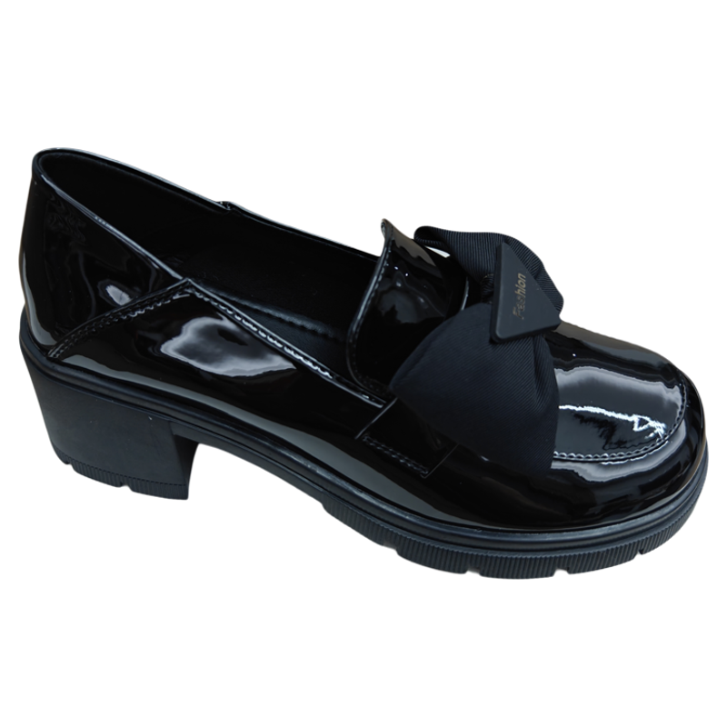 蝴蝶结单鞋女2025新款复古粗跟漆皮乐福亮面黑色英伦小皮鞋一脚蹬