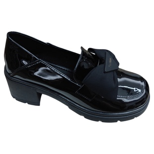 蝴蝶结单鞋女2025新款复古粗跟漆皮乐福亮面黑色英伦小皮鞋一脚蹬