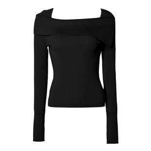 DPLAY2025年秋季新款黑色针织衫女流行洋气含羊毛修身打底衫上衣