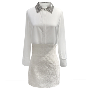 【千金佩拉】高知领口订钻衬衫超高腰包臀粗花呢黑白两色半裙套装