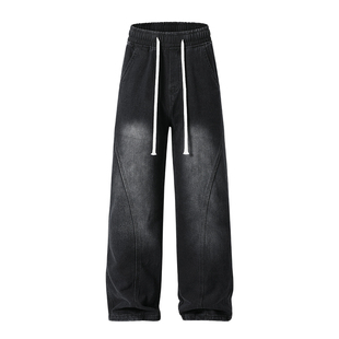 美式弯刀牛仔裤男款冬季加绒加厚宽松直筒错位解构长裤复古阔腿裤