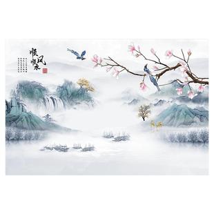 海纳百川新中式水墨山水电视背景墙壁画客厅墙贴纸定制自粘画壁画