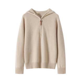 2025秋冬新款100纯山羊绒厚款连帽帽衫针织半拉链套头打底上衣女