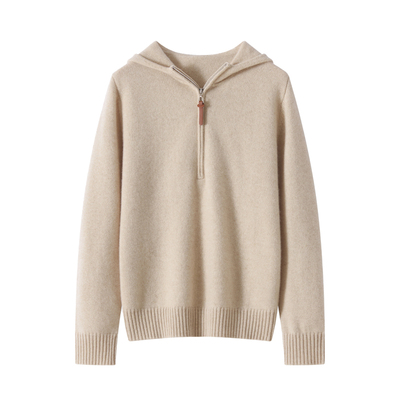 2025秋冬新款100纯山羊绒厚款连帽帽衫针织半拉链套头打底上衣女