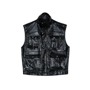 YOIKADAKADA鳄鱼皮压花 混搭 男女廓形宽肩 多口袋廓型无袖皮夹克