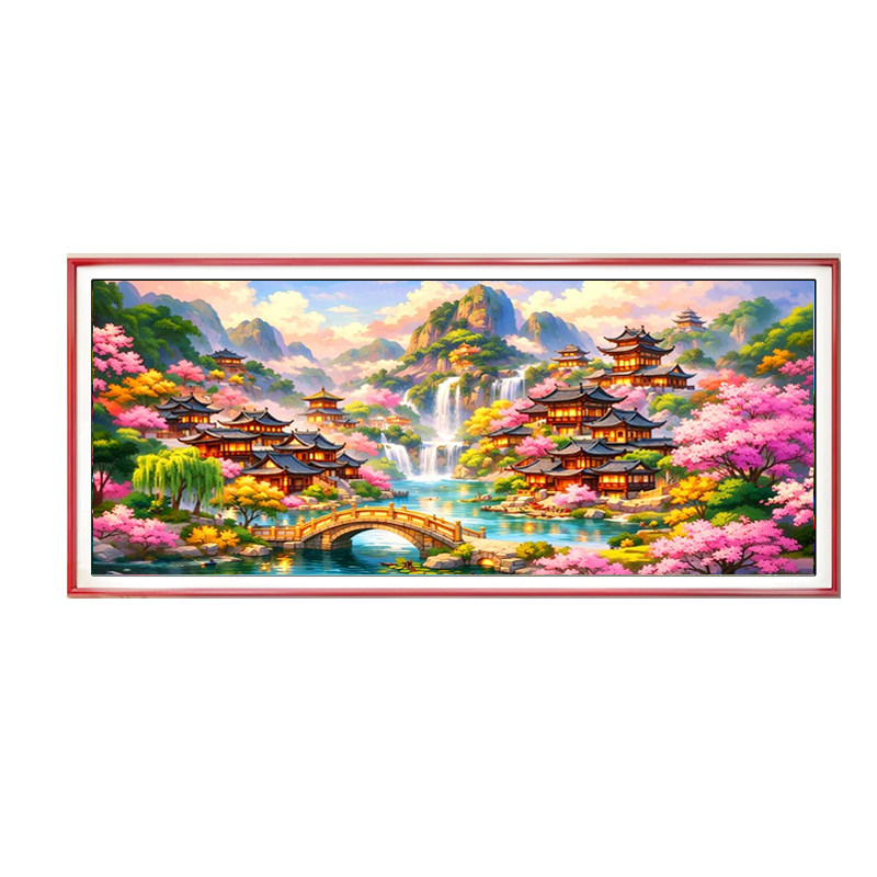 溪山春居图手工十字绣桃源楼阁山水流水生财客厅大幅满绣大格四股