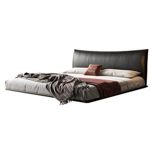 宜洛真皮床意式极简香奈尔悬浮床主卧黑色轻奢软包床齐边双人床