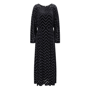 BCBG25秋新款时尚优雅休闲设计感波纹丝绒褶饰收腰连衣裙长款女