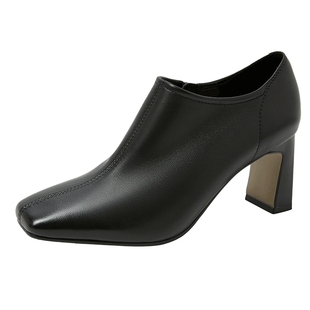 康莉羊皮高跟深口单鞋2025年秋季新款气质百搭方头粗跟皮鞋裸靴