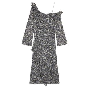 今屿花花 碎花斜肩长袖连衣裙2025新款女春秋雪纺长裙荷叶边收腰