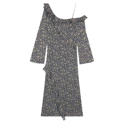 今屿花花碎花斜肩长袖连衣裙女春