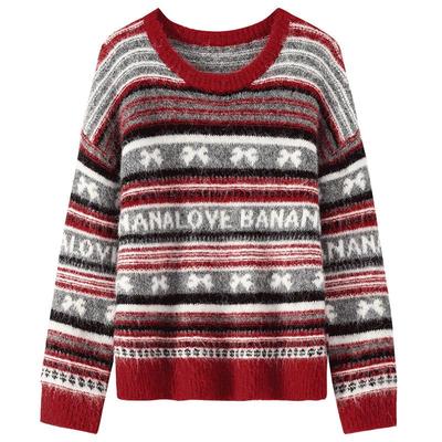 BANANA BABY冬季新款费尔岛提花新年安可拉红色毛衣女针织衫