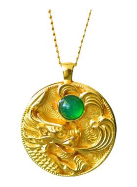 古法鎏金镶嵌天然冰种帝王绿玉髓祥龙吊坠玛瑙项链配证书礼盒链子
