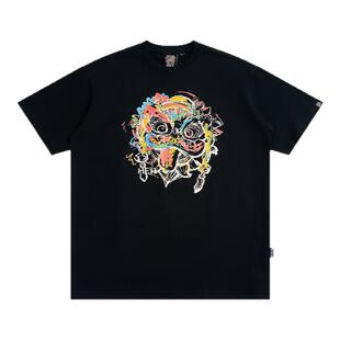 HEA 经典醒狮短袖T恤男女同款涂鸦国潮狮头圆领纯棉透气运动上衣