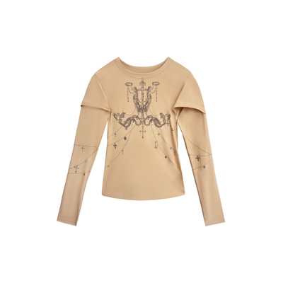 DUE E CHEN 复古手绘吊灯图案连帽抽褶修身长袖T恤上衣女小众设计