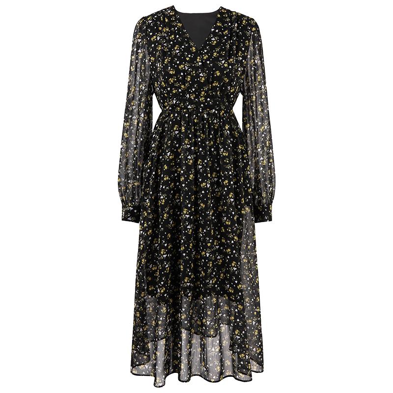 【奥莱断码清仓】秋水伊人法式复古V领雪纺印花连衣裙秋显瘦裙子