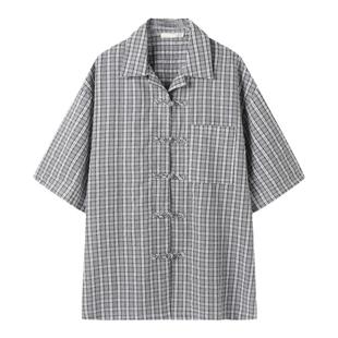 白口阳【南屏晚钟】新中式盘扣条纹短袖衬衫唐装汉服五分袖衬衣男