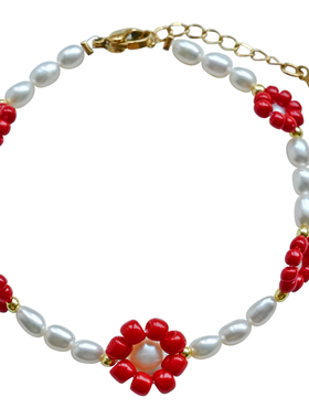 小众红色串珠小花淡水珍珠手链女