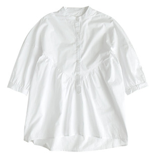 补货到 女士七分袖衬衫 文艺范 小立领宽松娃娃衫 百搭白衬衣春秋