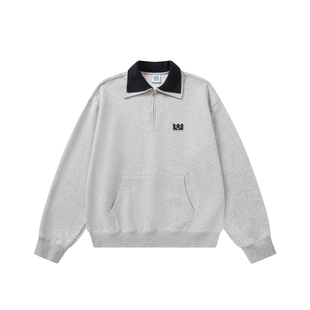 TGWALL「时遇」双层翻领复古POLO领拉链撞色刺绣宽松套头情侣卫衣