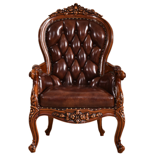 美式全实木真皮沙发椅别墅奢华单人休闲椅客厅会客椅欧式阳台家具