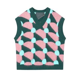 JNBY/江南布衣春夏针织毛衫撞色V领休闲印花无袖通勤背心外套女