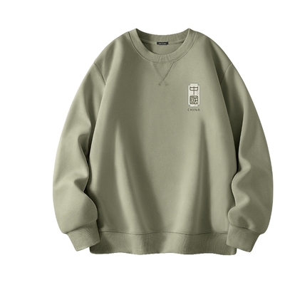 HG真维斯男生卫衣秋季重磅宽松圆领上衣男新中式绿色设计感套头衫