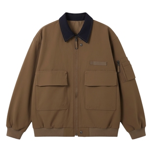 男士春季翻领开衫休闲美式工装外套男款2026新款假两件上衣夹克男