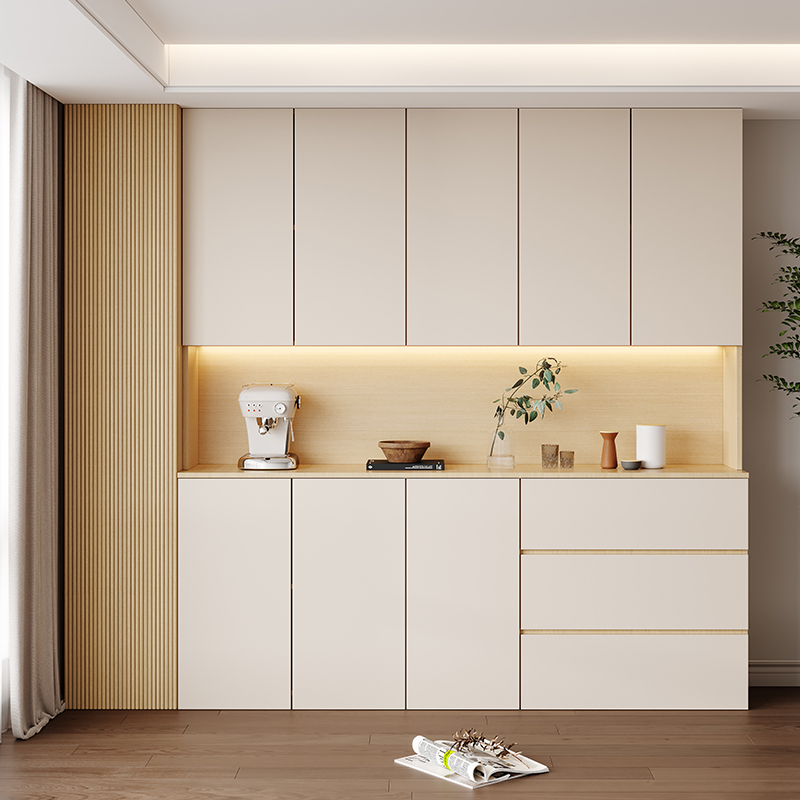 原木奶油风餐柜一体靠墙客厅收纳柜高柜整体厨房成品酒柜整体橱柜