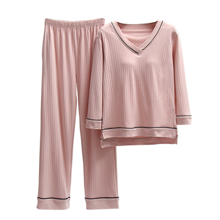 2023秋冬加厚纯棉带胸垫长袖长裤套装罩杯一体家居服两件套睡衣女