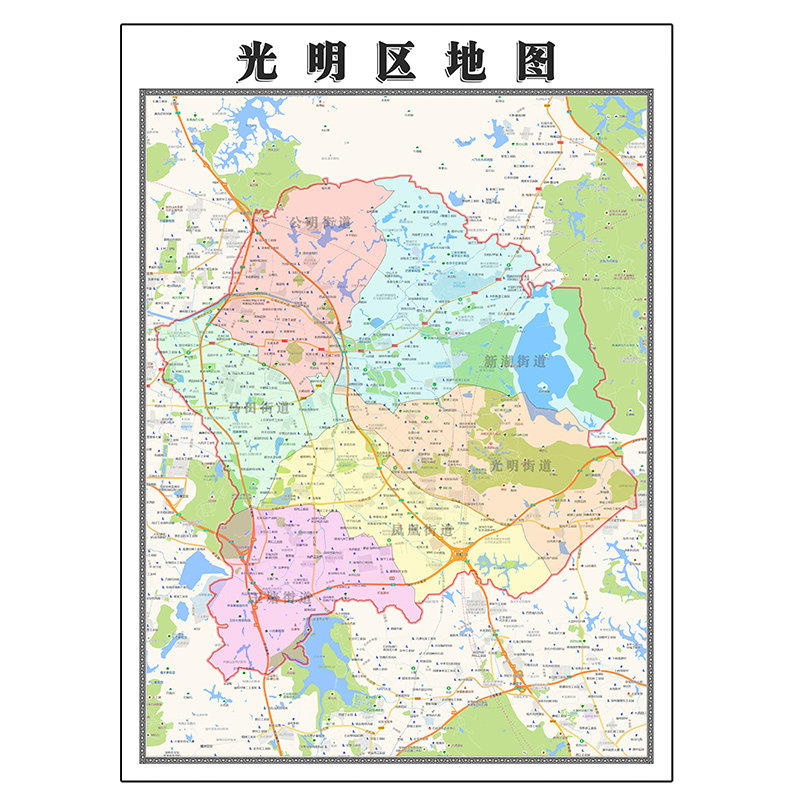 光明区地图1.1米定制广东省深圳市行政区域颜色划分高清防水墙贴