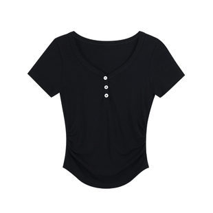 pusumede 简约桃心领 黑色弹力针织短袖t恤女v领收腰气质锁骨上衣