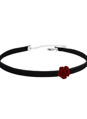 新品酒红玫瑰项圈小众设计项链