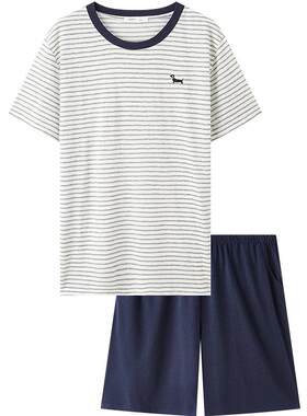 三福男款家居服春夏季条纹刺绣睡衣套装趣味宽松休闲短袖居家服男