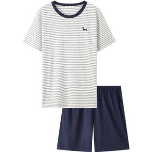 三福男款家居服春夏季条纹刺绣睡衣套装趣味宽松休闲短袖居家服男