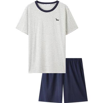 三福男款家居服春夏季条纹刺绣睡衣套装趣味宽松休闲短袖居家服男