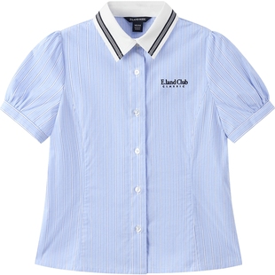 【100%棉】eland kids衣恋童装女童衬衫夏季学院风刺绣翻领短袖