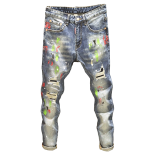 春秋款破洞牛仔裤男潮牌修身裤子男士不规则街头风涂鸦泼墨小脚裤