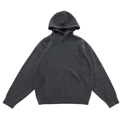 慵懒风纽扣连帽深烟灰针织毛衣