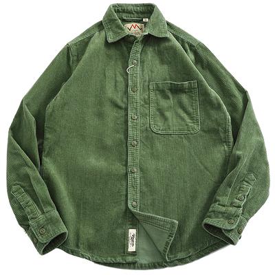 高坑粗间条复古灯芯绒长袖衬衣男