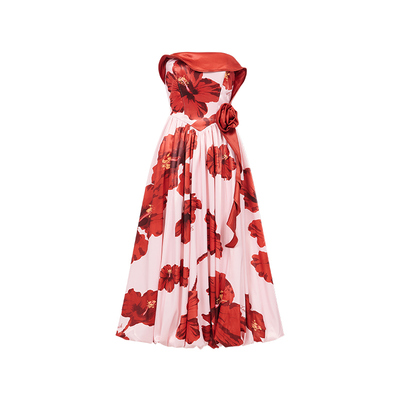 缎面印花抹胸花苞蓬蓬裙