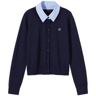 热风2026年春季新款女士拼接领宽松刺绣针织开衫通勤简约百搭上衣