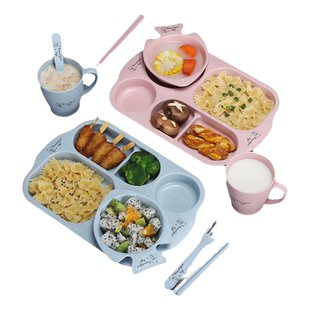 小麦秸秆碗杯套装儿童餐盘家用幼儿园分格吃饭盘卡通宝宝防摔餐具