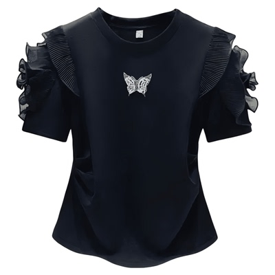 2025夏季新款纯棉短袖T恤女蝴蝶烫钻钉珠设计感时尚洋气百搭上衣